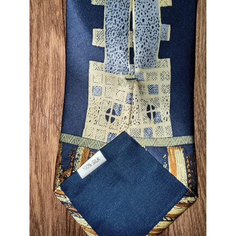 Giorgio Cellini Mens Silk Tie Navy Blue Gold Sunflower Geometric Made in Italy